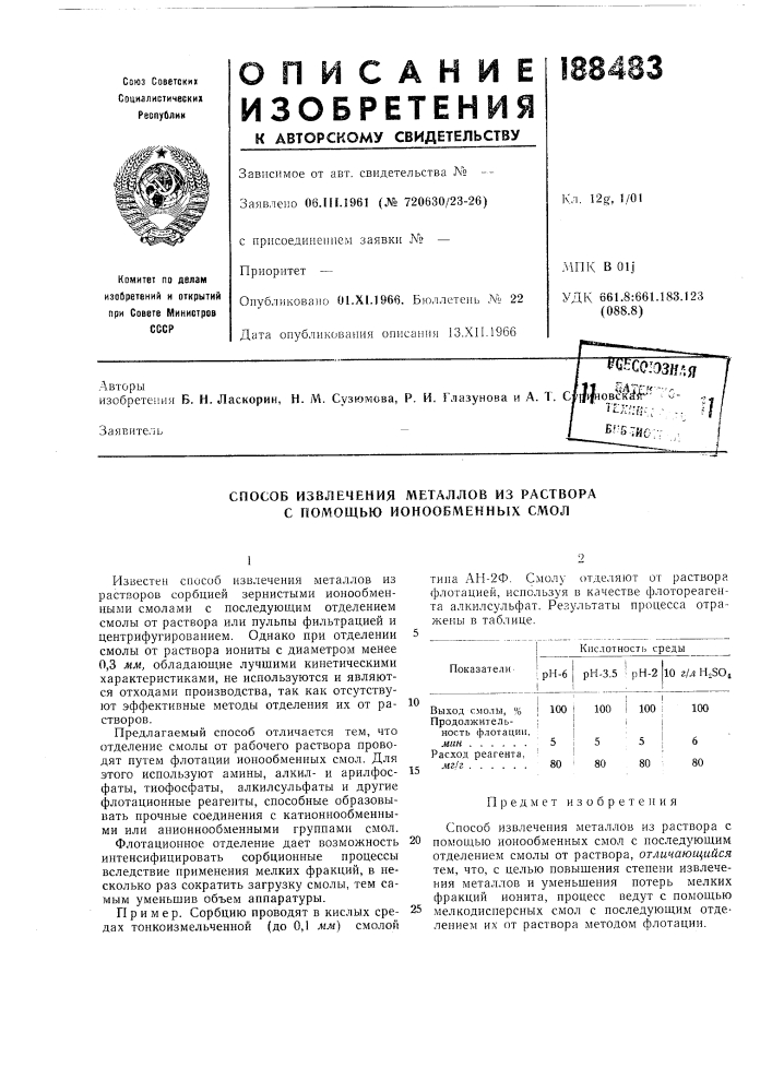 Способ извлечения металлов из раствора с помощью ионообменных смол (патент 188483)