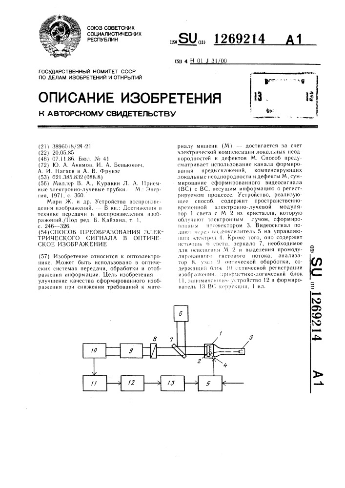 Способ преобразования электрического сигнала в оптическое изображение (патент 1269214)