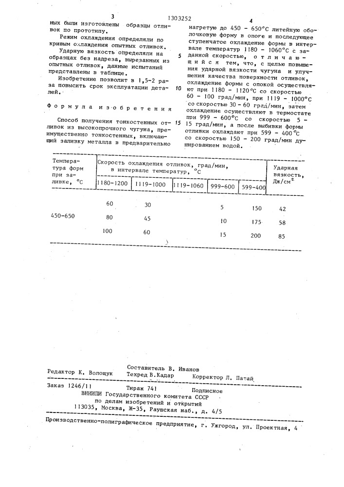 Способ получения тонкостенных отливок из высокопрочного чугуна (патент 1303252)