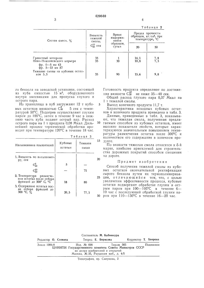 Способ получения тяжелой смолы (патент 420640)