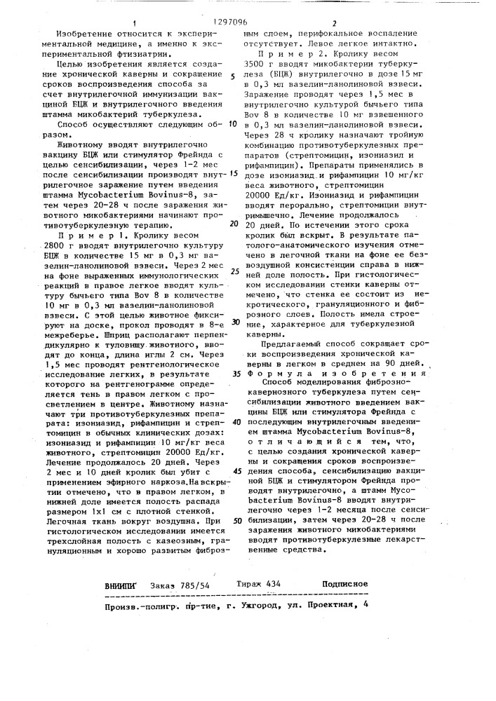 Способ моделирования фиброзно-кавернозного туберкулеза (патент 1297096)