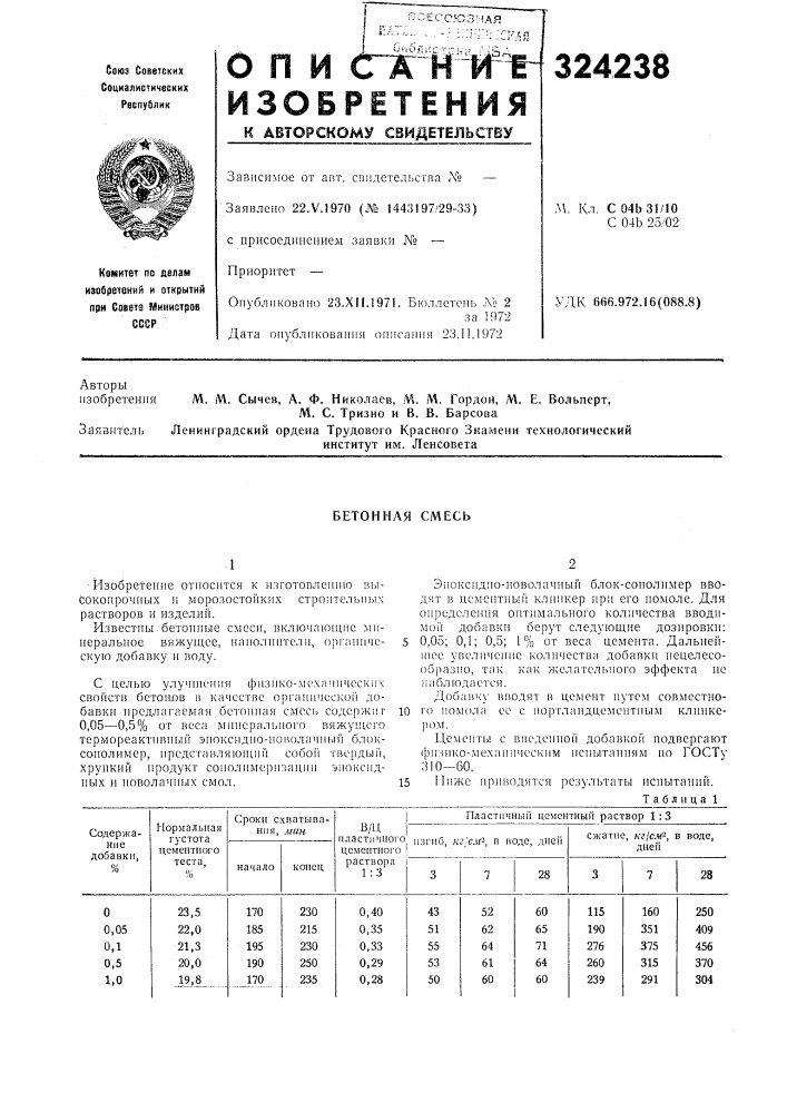 Бетонная смесь (патент 324238)