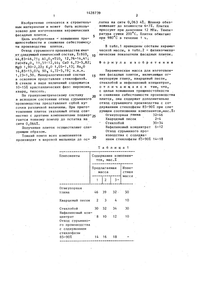 Керамическая масса для изготовления фасадных плиток (патент 1428739)