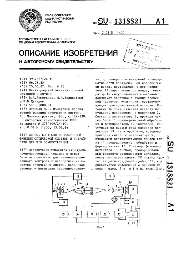 Способ контроля передаточной функции оптической системы и устройство для его осуществления (патент 1318821)