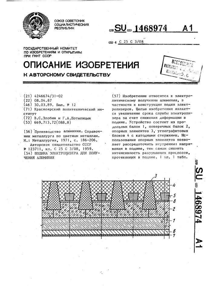 Подина электролизера для получения алюминия (патент 1468974)