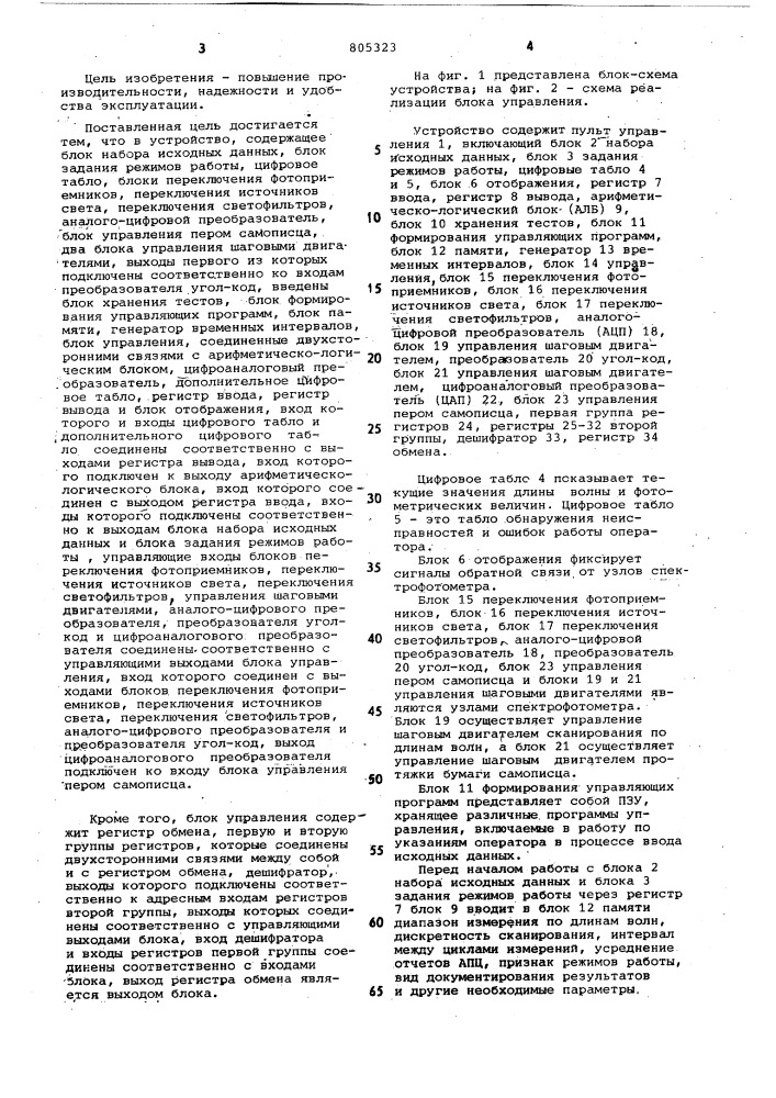 Устройство для обработки данныхи управления спектрофотометром (патент 805323)