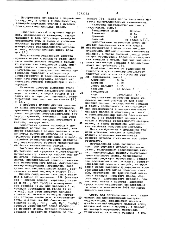 Способ выплавки стали и смесь для легирования стали (патент 1073292)