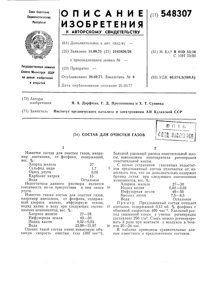 Состав для очистки газов, например, ацетилена от фосфина (патент 548307)