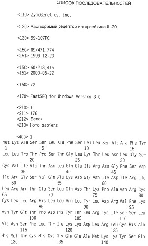 Выделенный растворимый il-20 рецептор (варианты) (патент 2279441)