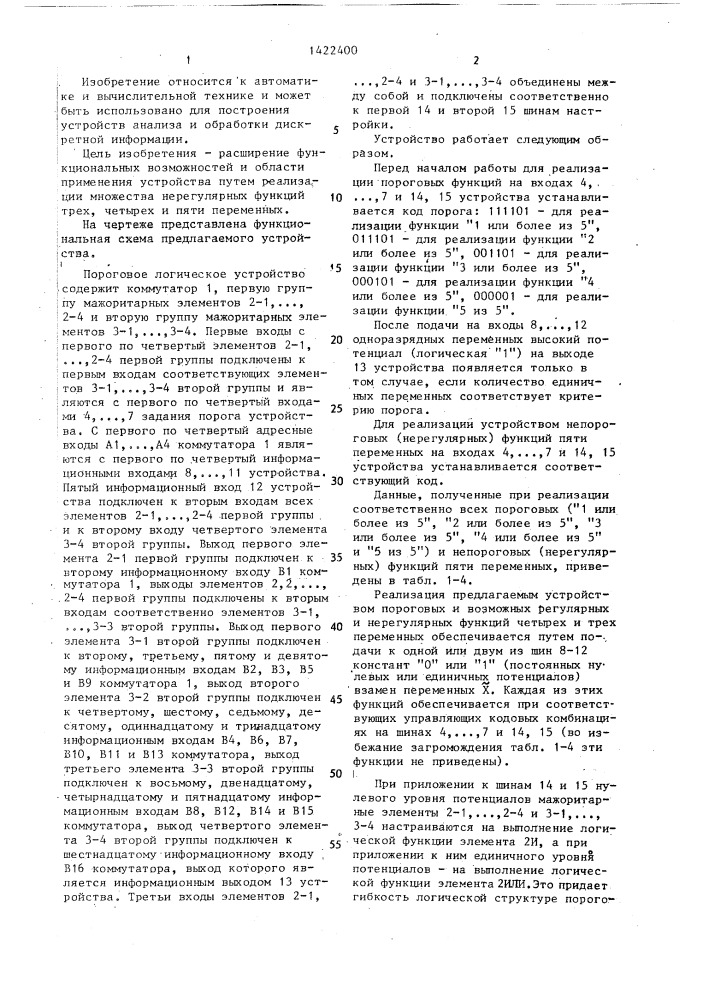 Пороговое логическое устройство (патент 1422400)