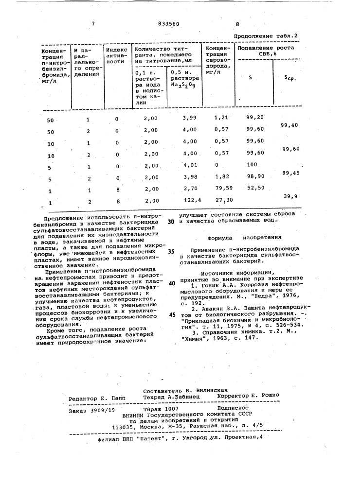 Бактерицид сульфато-восстанавливающихбактерий (патент 833560)