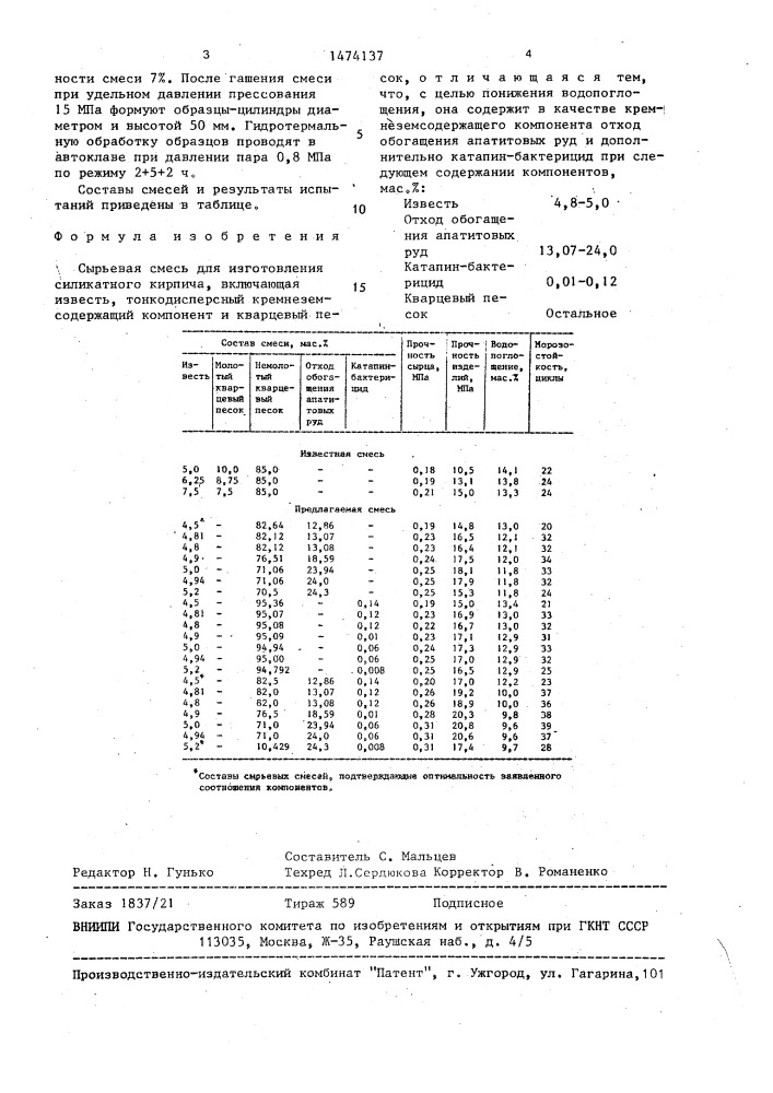 Сырьевая смесь для изготовления силикатного кирпича (патент 1474137)