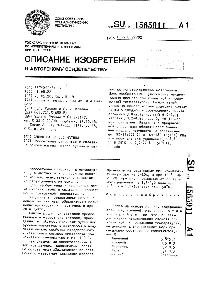 Сплав на основе магния (патент 1565911)