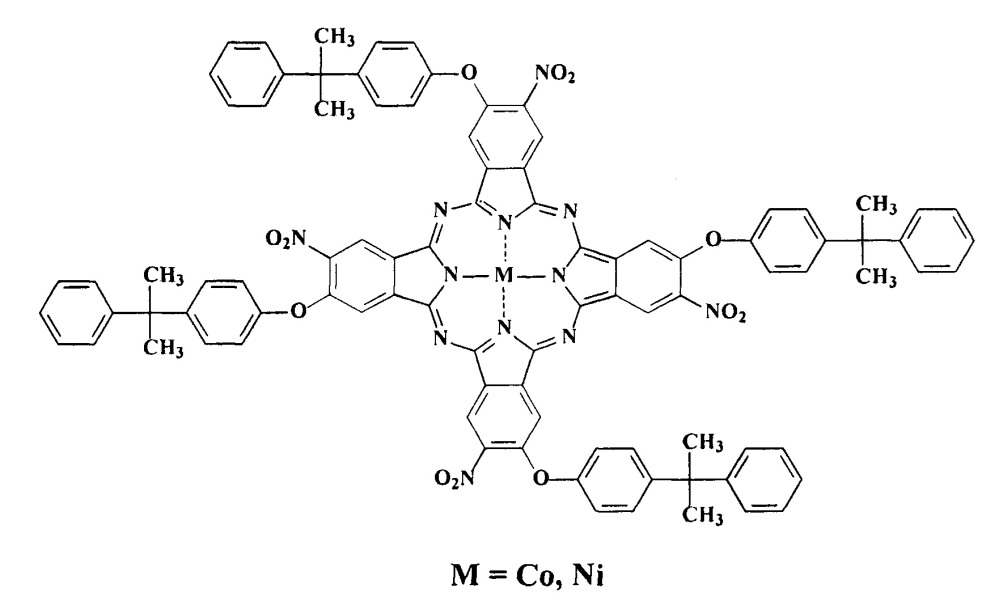 Тетра-4-[4-(1-метил-1-фенилэтил)фенокси]тетра-5-нитрофталоцианины кобальта и никеля (патент 2620270)