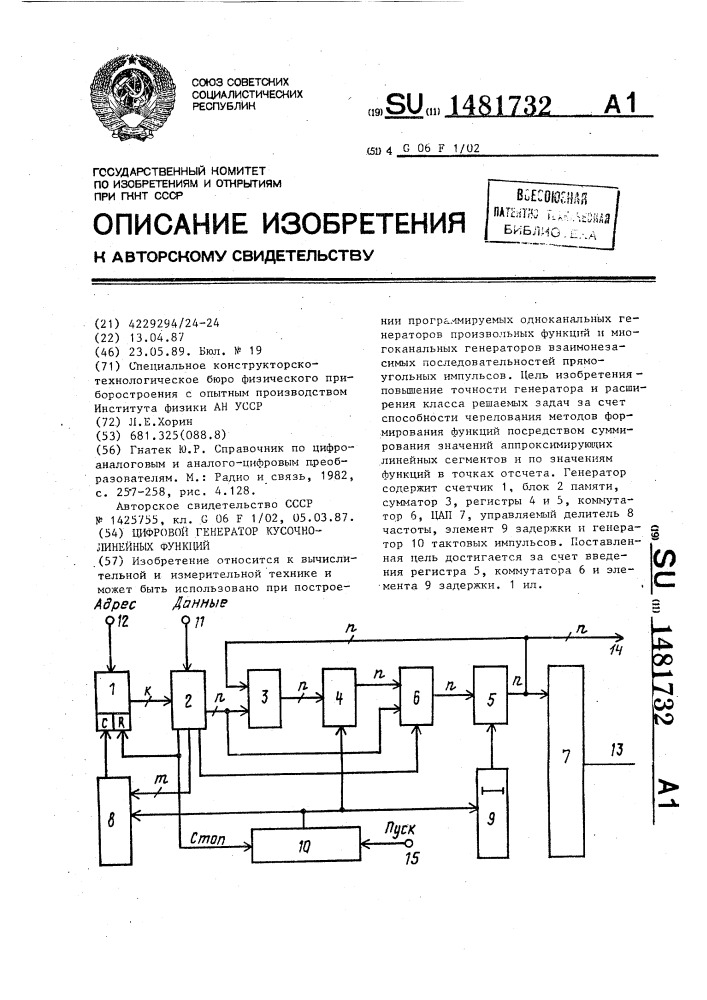 Цифровой генератор кусочно-линейных функций (патент 1481732)