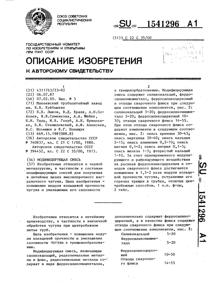 Модифицирующая смесь (патент 1541296)