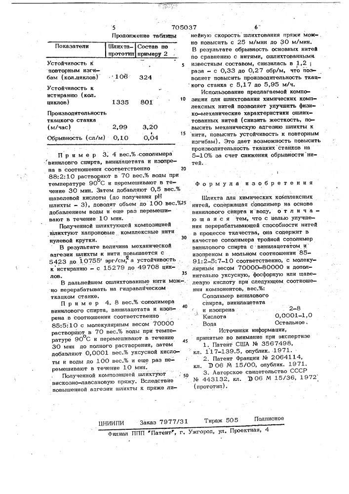 Шлихта для химических комплексных нитей (патент 705037)