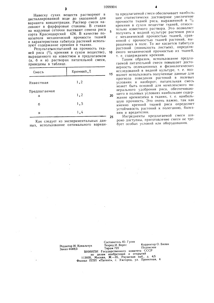 Питательная смесь для выращивания риса (патент 1099904)