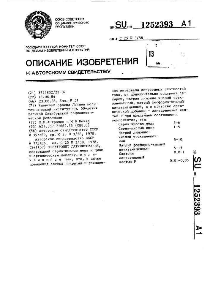 Электролит латунирования (патент 1252393)