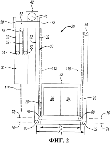 Подъемная система с конфигурацией размещения канатов или ремней по типу 4:1 (патент 2568238)