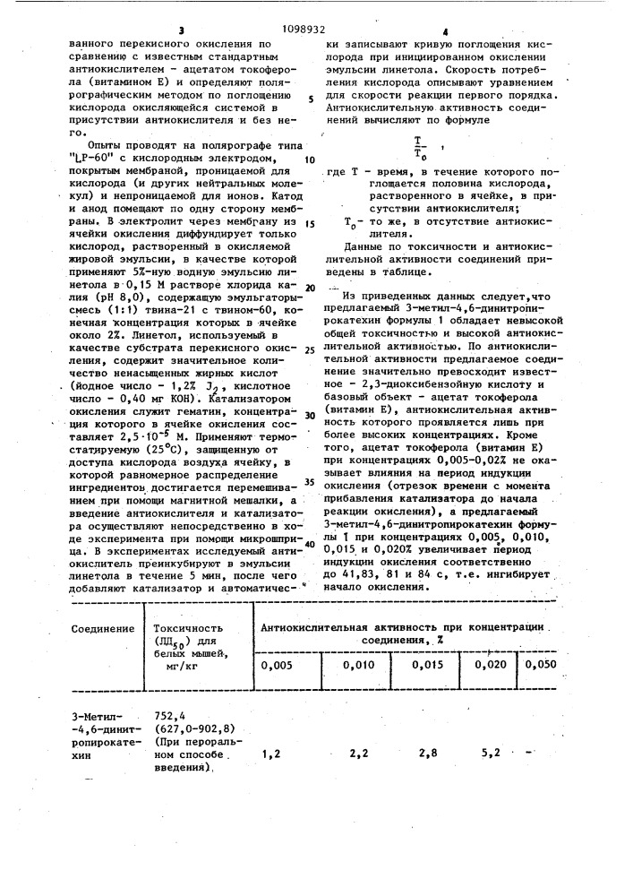 3-метил-4,6-динитропирокатехин,проявляющий антиокислительную активность (патент 1098932)