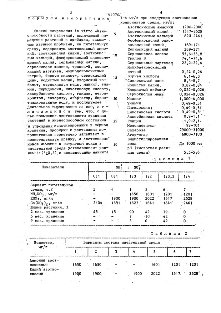 Способ сохранения in viтrо жизнеспособности растений (патент 1630708)