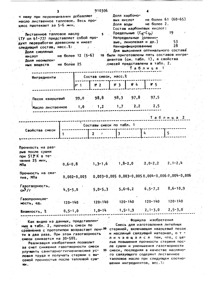 Смесь для изготовления литейных стержней (патент 910306)