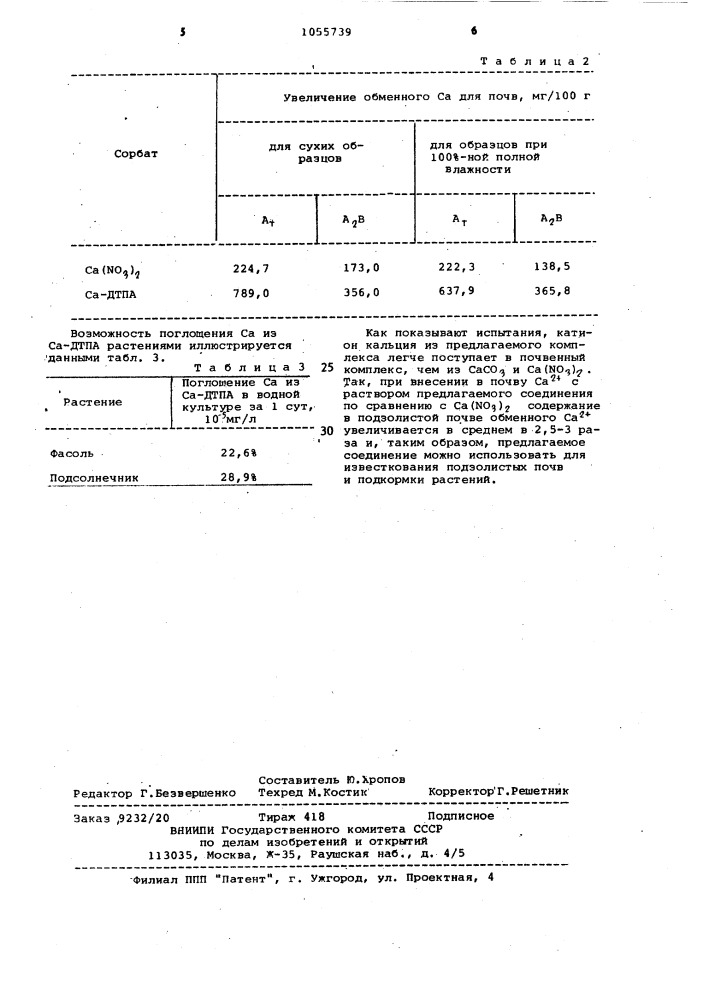 Диэтилентриаминпентауксусной кислоты кальциевый комплекс кальциевая соль для известкования подзолистых почв и подкормки растений (патент 1055739)