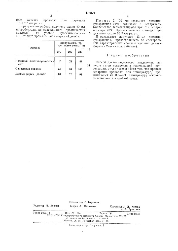 Способ дистилляционного разделения вещества (патент 476879)