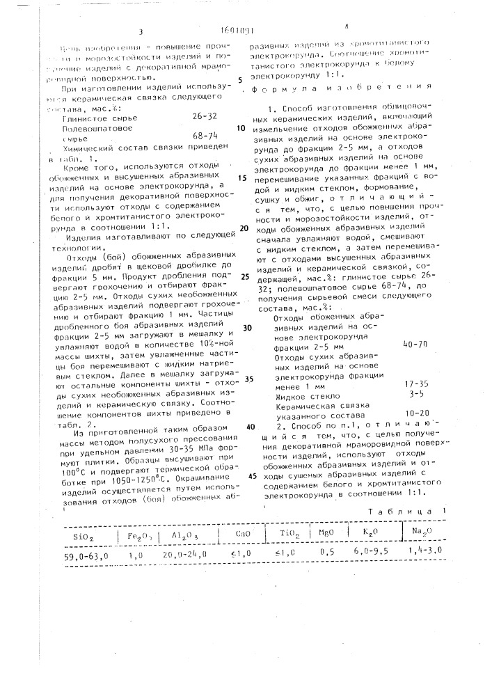 Способ изготовления облицовочных керамических изделий (патент 1601091)