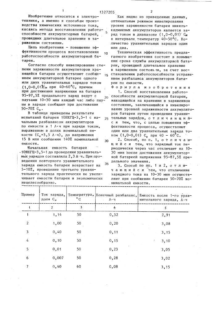 Способ восстановления работоспособности аккумуляторной батареи (патент 1327205)