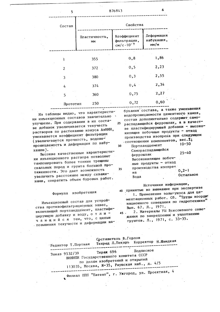 Инъекционный состав (патент 876843)