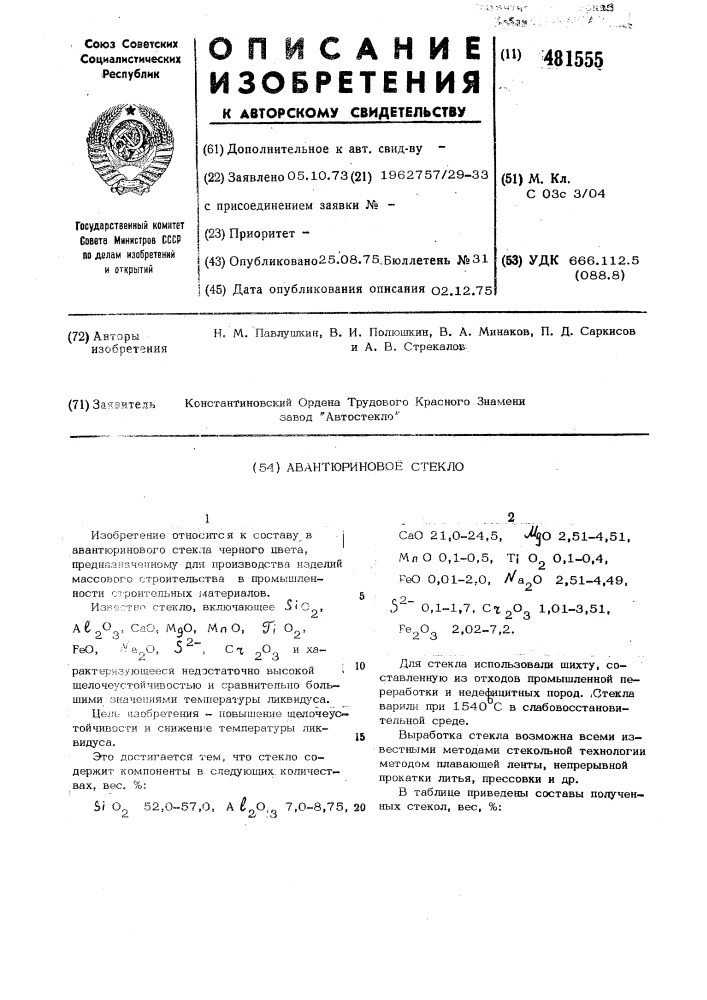 Авантюриновое стекло (патент 481555)