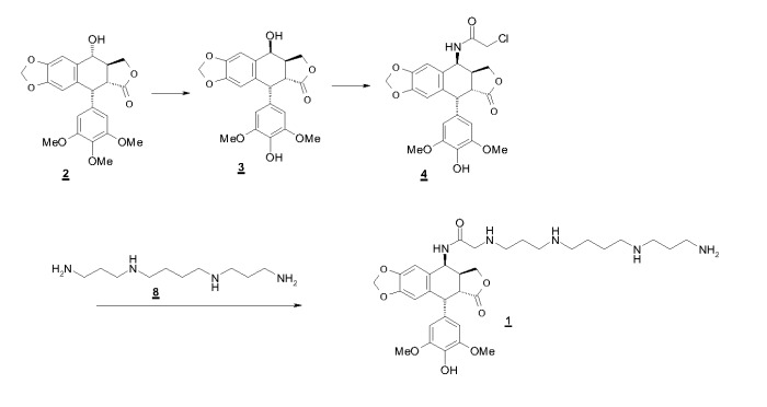 Способ синтеза противораковых производных (поли)аминоалкиламиноацетамида эпиподофиллотоксина (патент 2450009)