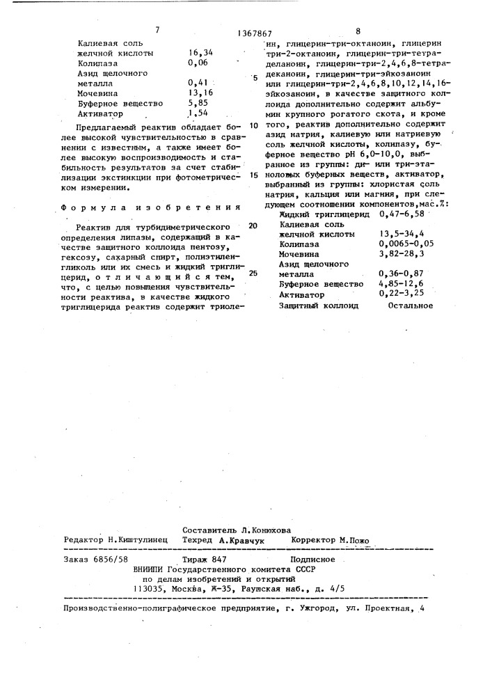 Реактив для турбидиметрического определения липазы (патент 1367867)