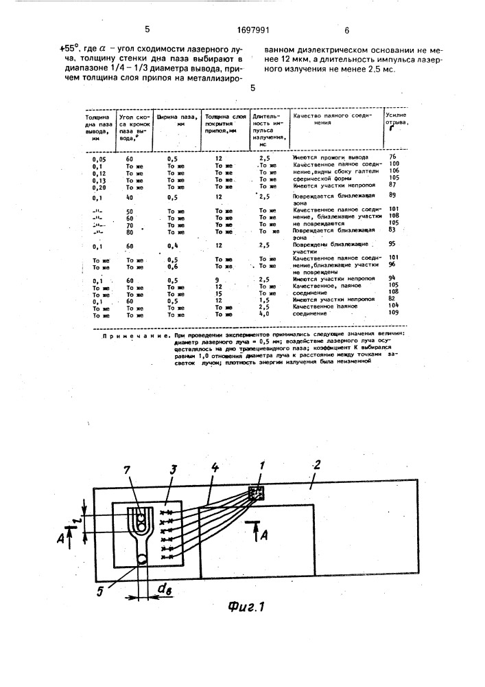 Способ лазерной пайки вывода полупроводникового прибора к металлизированному диэлектрическому основанию (патент 1697991)
