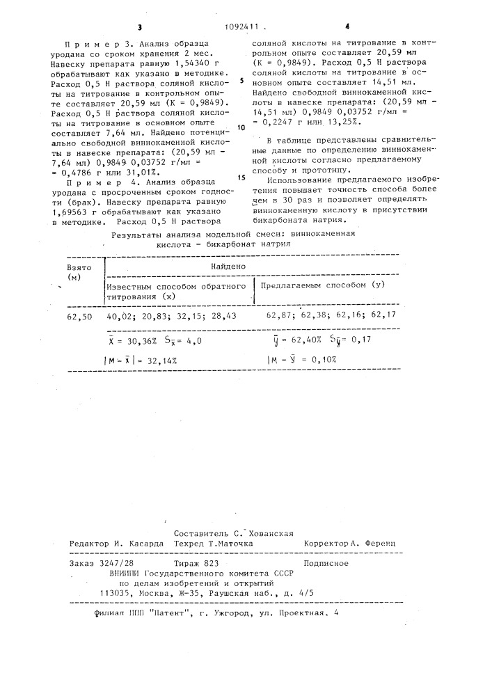 Способ определения виннокаменной кислоты в препарате уродан (патент 1092411)