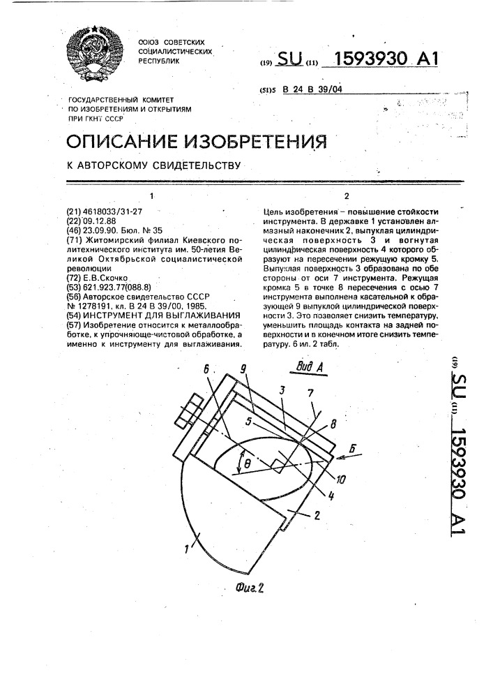 Инструмент для выглаживания (патент 1593930)