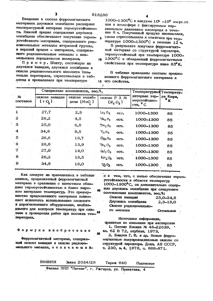 Ферромагнитный материал (патент 918286)