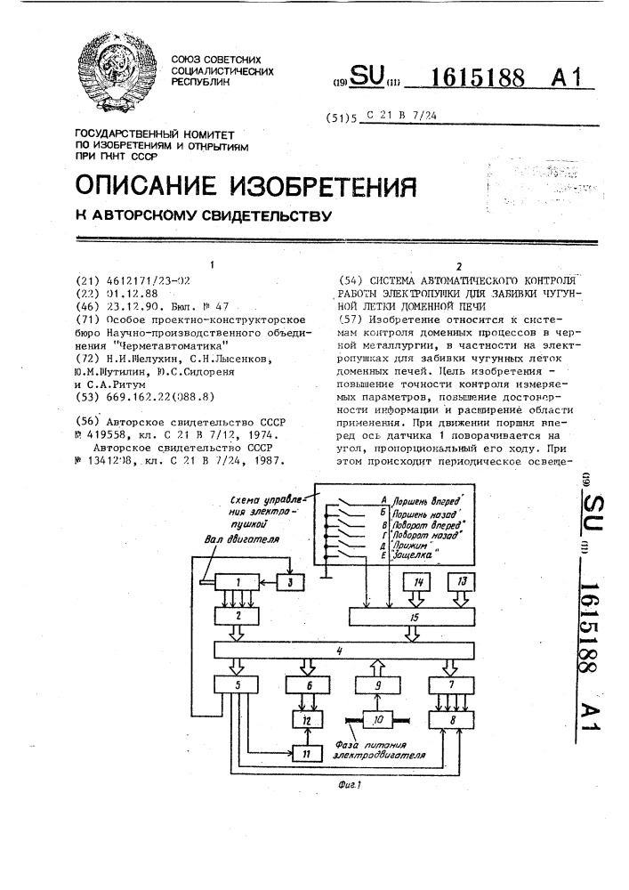 Система автоматического контроля работы электропушки для забивки чугунной летки доменной печи (патент 1615188)