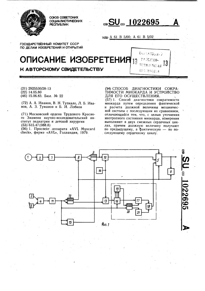 Способ диагностики сократимости миокарда и устройство для его осуществления (патент 1022695)