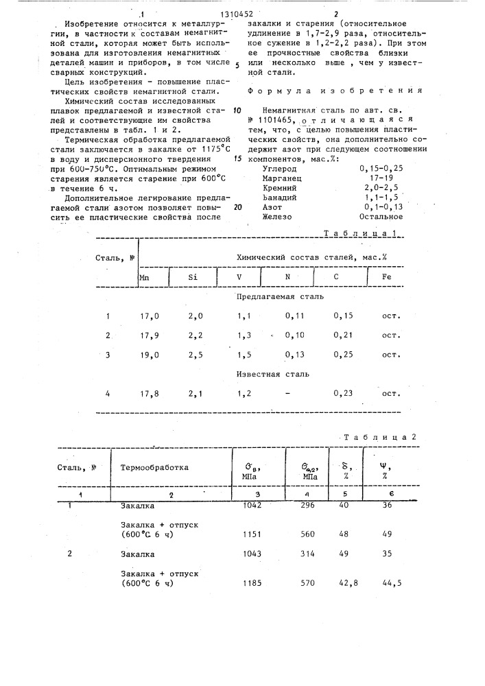 Немагнитная сталь (патент 1310452)