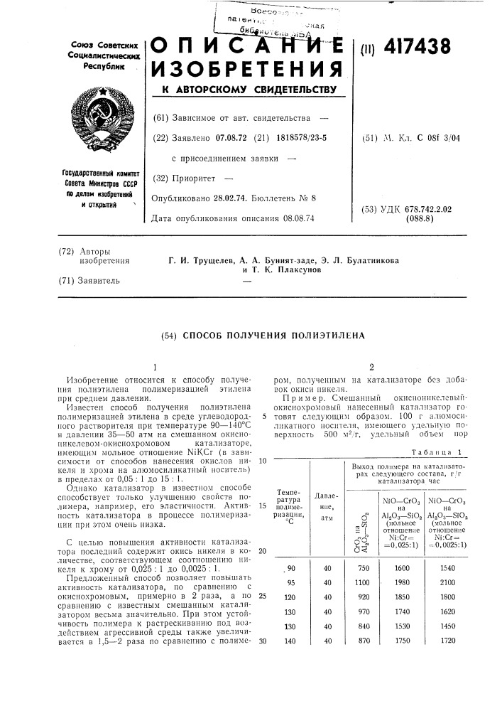 Способ получения полиэтилена (патент 417438)