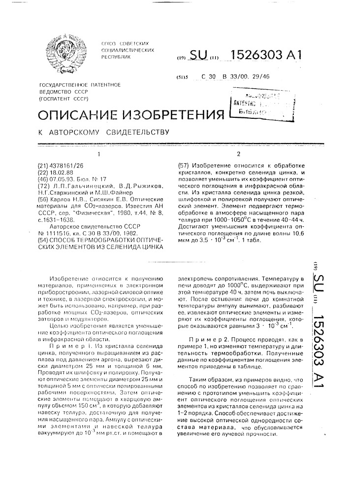 Способ термообработки оптических элементов из селенида цинка (патент 1526303)