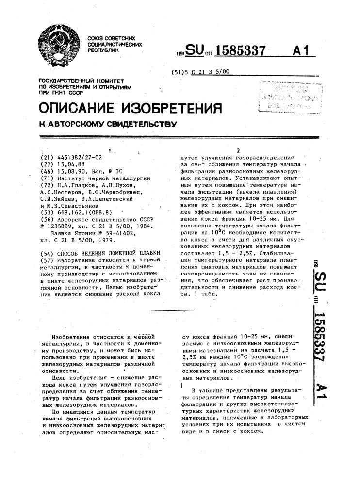 Способ ведения доменной плавки (патент 1585337)