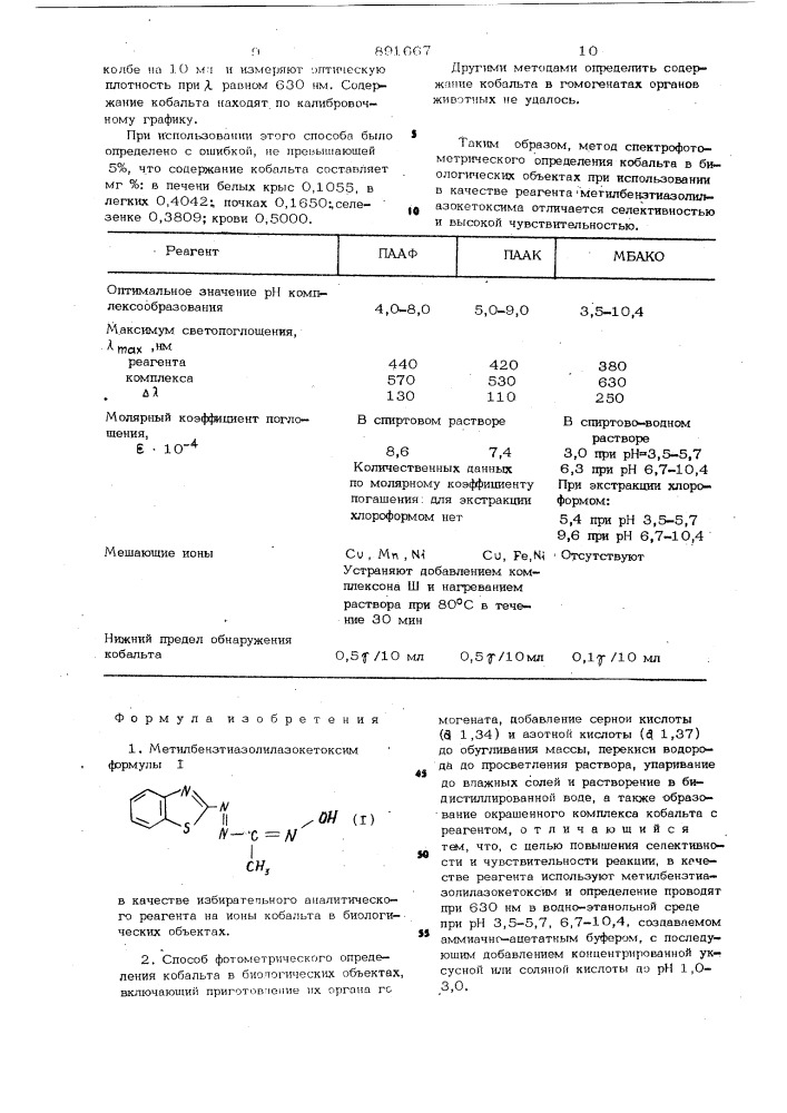 Метилбензтиазолилазокетоксим в качестве избирательного аналитического реагента на ионы кобальта в биологических объектах и способ фотометрического определения кобальта в биологических объектах (патент 891667)
