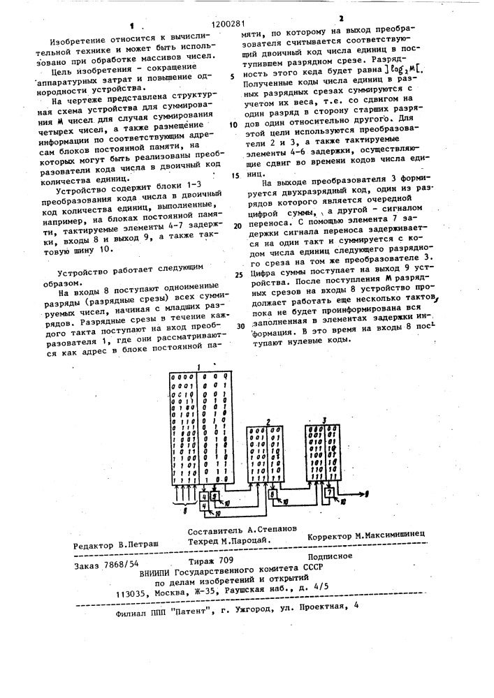 Устройство для суммирования м чисел (патент 1200281)