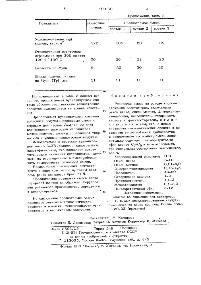 Резиновая смесь на основе хлорсодержащих эластомеров (патент 711060)