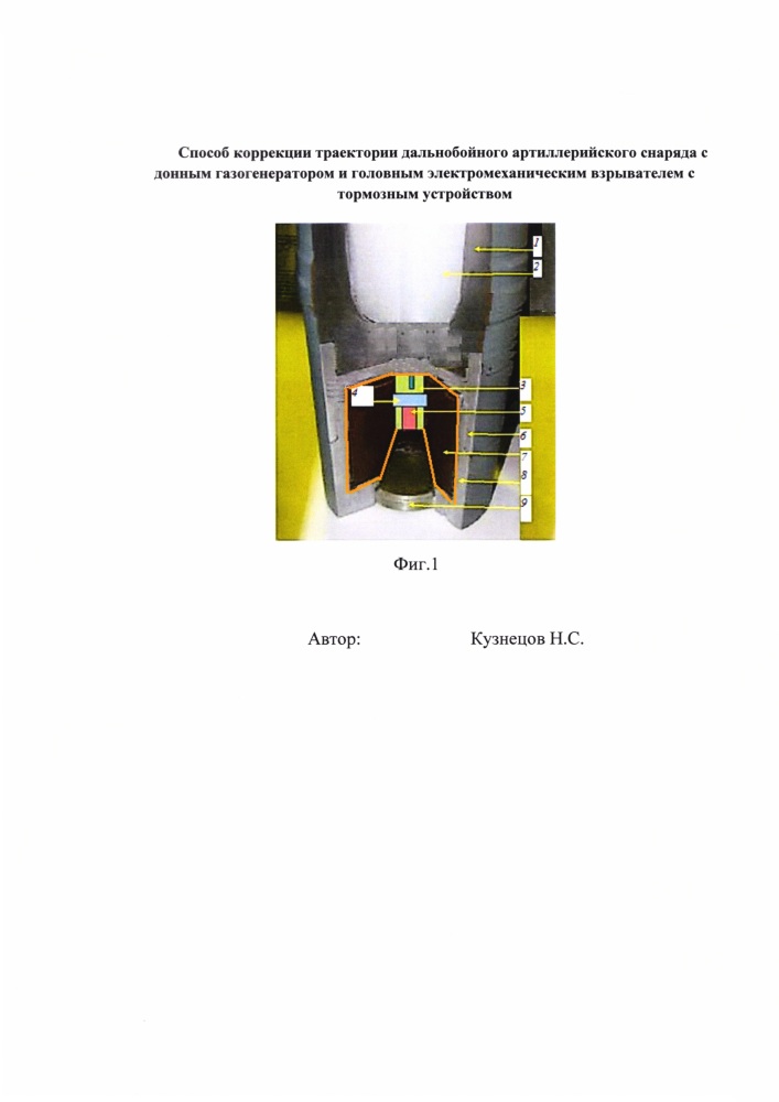 Способ коррекции траектории дальнобойного артиллерийского снаряда с донным газогенератором и головным электромеханическим взрывателем с тормозным устройством (патент 2667168)