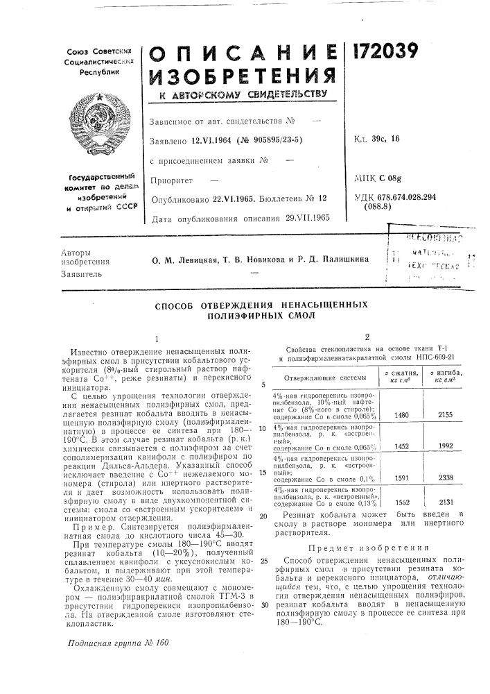 Способ отверждения ненасыщенных полиэфирных сл\ол (патент 172039)